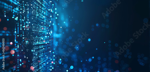 Fundo abstrato com linhas e quadrados digitais holográficos brilhantes em um fundo azul escuro. Conceito de tecnologia digital, transferência de dados de conexão de rede de internet no estilo ia