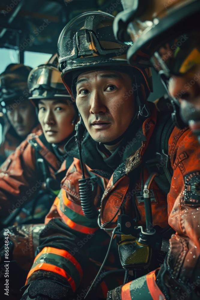 Portrait of a Japanese firefighter team cleaning fire equipment in a fire station, high detail, photorealistic, collaborative mood, studio lighting Portrait of a Japanese firefighter team cleaning fire equipment in a fire station, high detail, photorealistic, collaborative mood, studio lighting