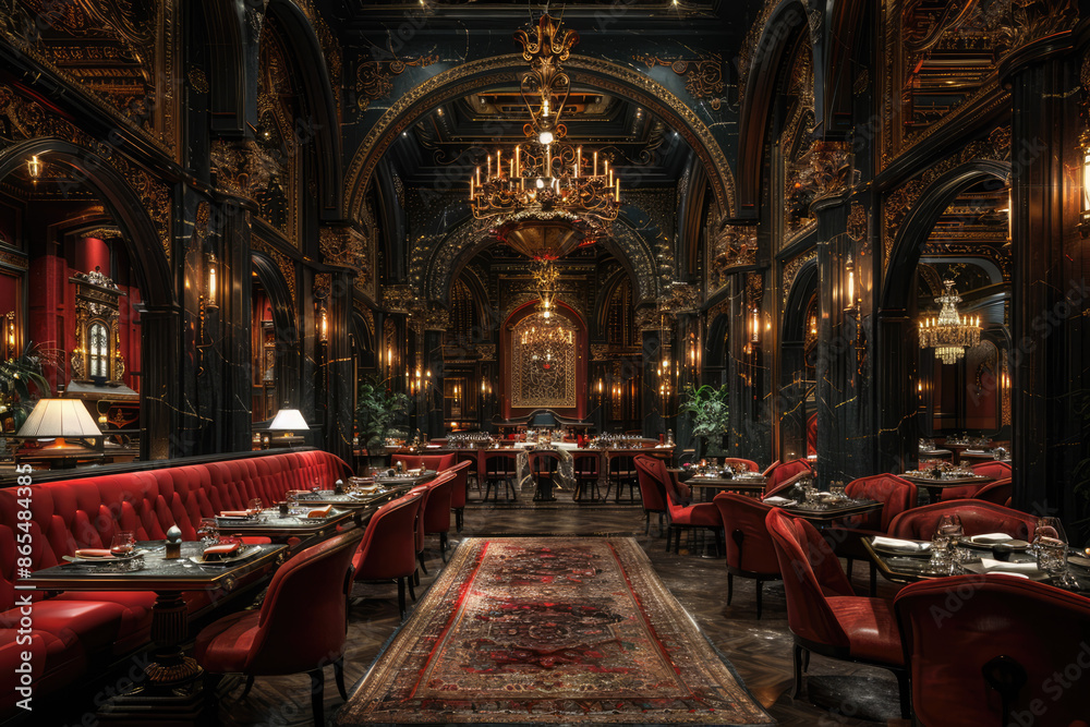 Fototapeta premium Luxurious richly decorated restaurant interior in dark