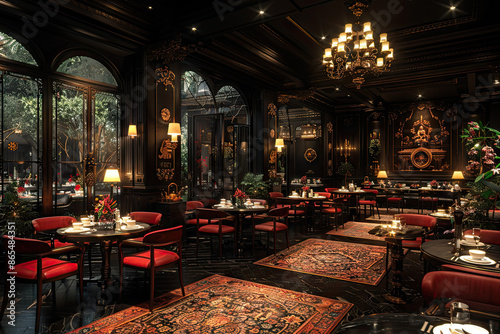 Luxurious richly decorated restaurant interior in dark photo