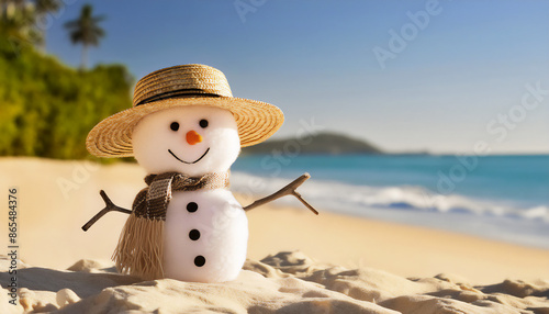 Funny snowman with straw hat and scarf, on tropical beach for Christmas holiday, copy space