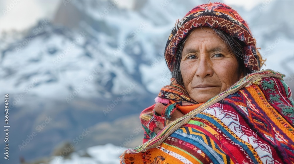 Peruvian woman clutching a woven blanket tightly around her, against a backdrop of snowcovered peaks, soft natural lighting Peruvian woman clutching a woven blanket tightly around her, against a backdrop of snowcovered peaks, soft natural lighting