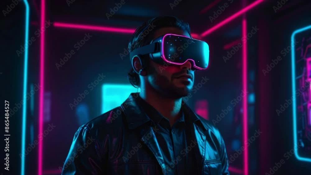 This is a video of a person wearing a virtual reality headset. The headset is covering their eyes and there are colorful lights in the background. This is a video of a person wearing a virtual reality headset. The headset is covering their eyes and there are colorful lights in the background.