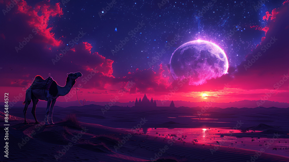 Naklejka premium capture camel in the desert on night with big moon