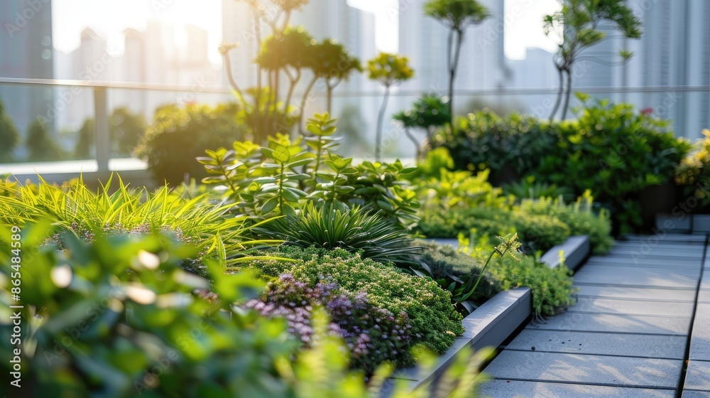 Fototapeta premium A lush green garden with a walkway in the middle. The walkway is surrounded by a variety of plants and flowers, creating a peaceful and serene atmosphere. The sunlight illuminates the garden