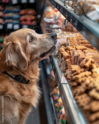 Overhead shot of a dog sniffing a display of treats in a lively pet store, bright lighting photo