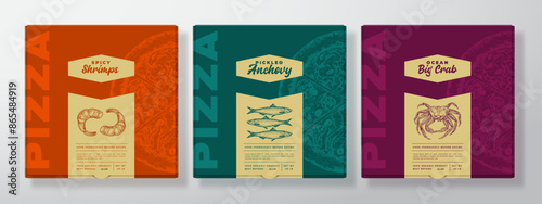 Pizza Realistic Cardboard Box Mockups Set. Abstract Vector Packaging Design Label Templates Collection. Modern Typography, Sketch Seafood Food and Color Paper Background Layout Isolated