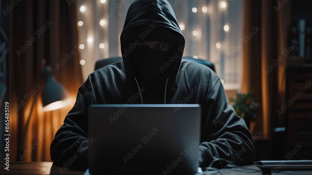 Scammer during a video call, hiding their real identity with a fake background. Scammer during a video call, hiding their real identity with a fake background.