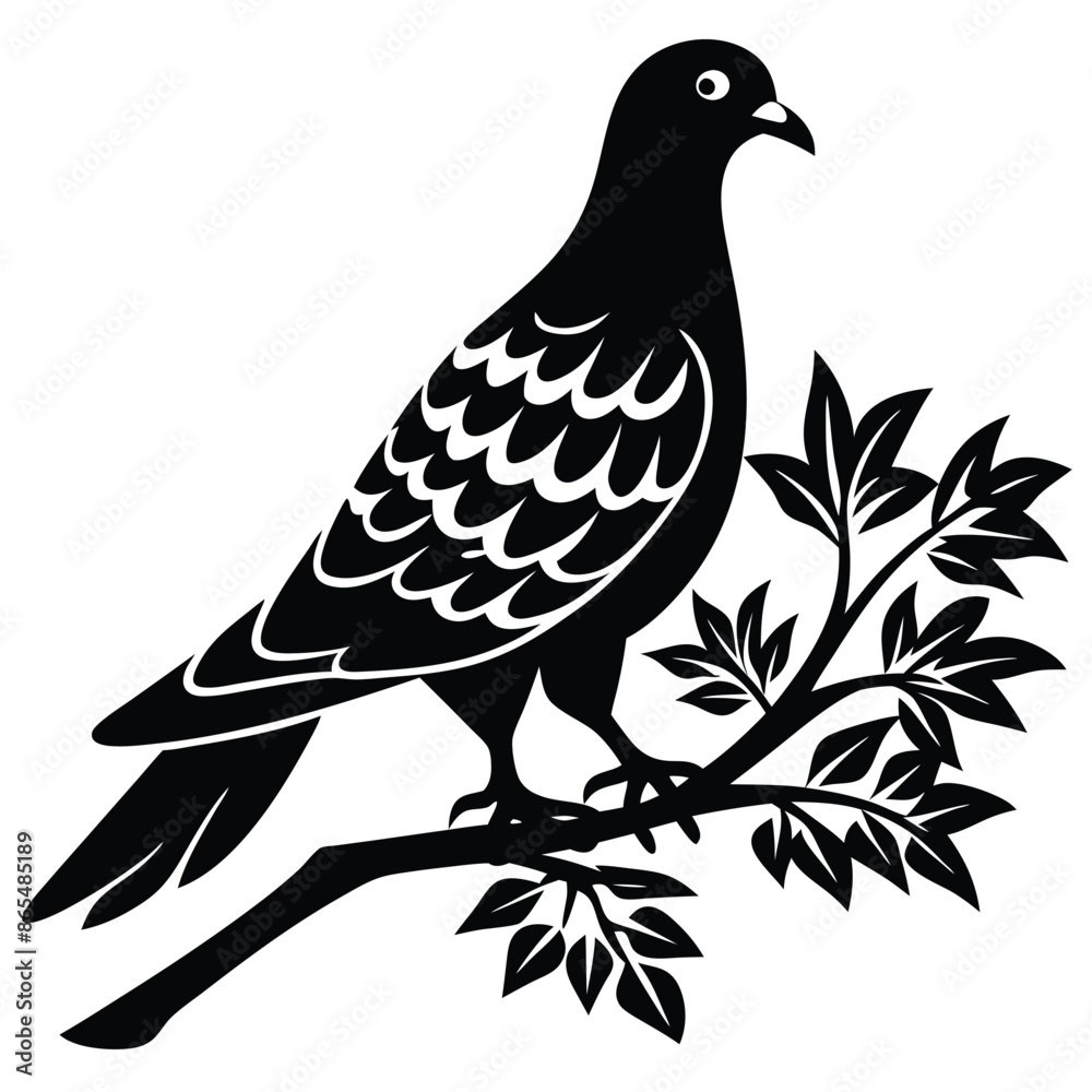 Fototapeta premium Racing Homer Pigeon on a branch metal tree art metal bird garden, vector black color silhouette
