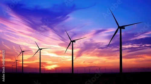 Wind farm at sunset, turbines spinning in a strong breeze, symbolizing alternative energy sources.