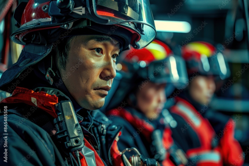 Portrait of a Japanese firefighter team inspecting fire safety gear in a fire station, high quality photo, photorealistic, focused expressions, studio lighting Portrait of a Japanese firefighter team inspecting fire safety gear in a fire station, high quality photo, photorealistic, focused expressions, studio lighting