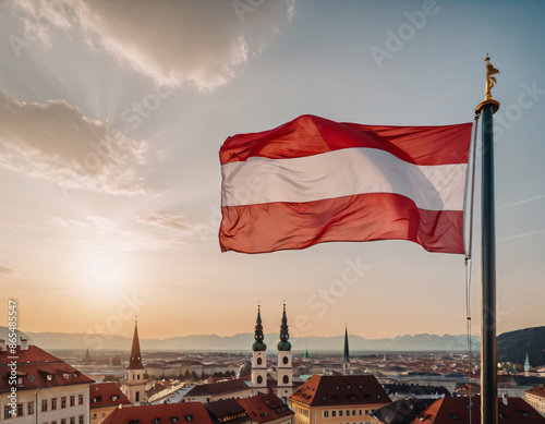 Austria flag on the city view, flaga Austrii na tle miasta photo