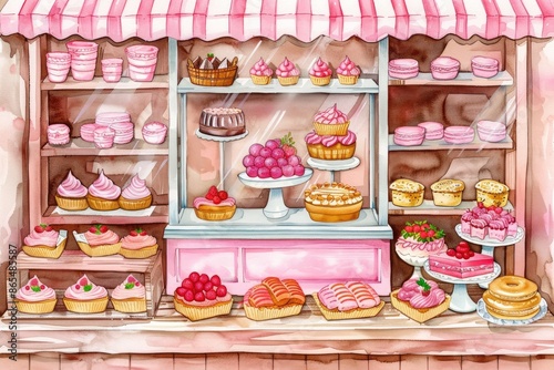 Cute bakery illustration of a shop with a playful window display and fresh treats in watercolor style