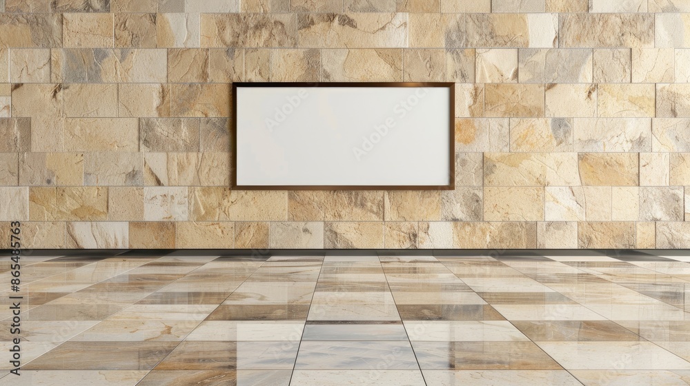 Mockup image of a chic empty room with an empty frame on a textured stone wall and sleek flooring Mockup image of a chic empty room with an empty frame on a textured stone wall and sleek flooring
