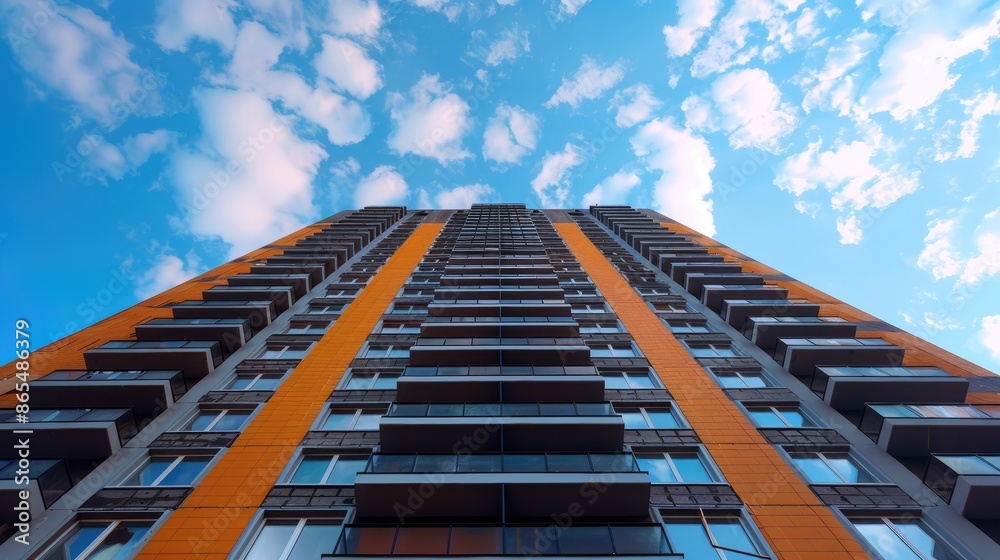 Tall building with a blue sky in the background. The building is orange and has many windows