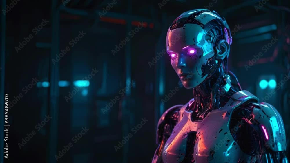 The video is of a robot with glowing pink eyes and silver metallic skin in a dark room with blue lights in the background. The video is of a robot with glowing pink eyes and silver metallic skin in a dark room with blue lights in the background.