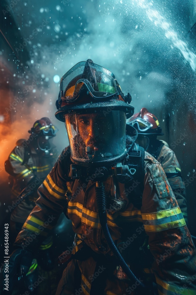 Portrait of an American firefighter team performing a mock rescue at a fire station, high quality photo, photorealistic, energetic atmosphere, studio lighting Portrait of an American firefighter team performing a mock rescue at a fire station, high quality photo, photorealistic, energetic atmosphere, studio lighting