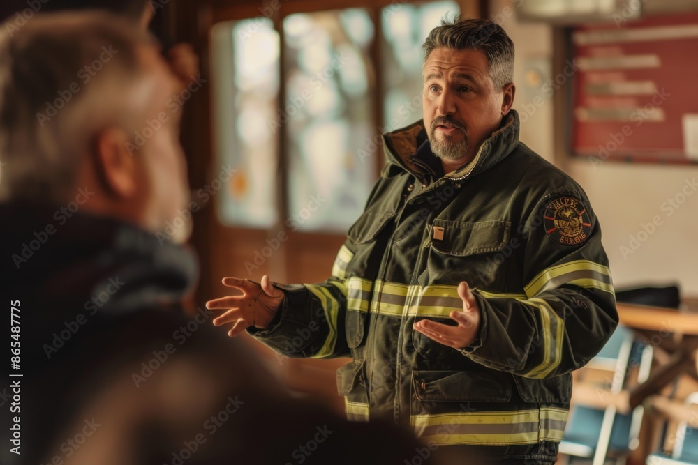 Portrait of an American firefighter giving a safety presentation to community members, high quality photo, photorealistic, engaging atmosphere, well-lit room Portrait of an American firefighter giving a safety presentation to community members, high quality photo, photorealistic, engaging atmosphere, well-lit room