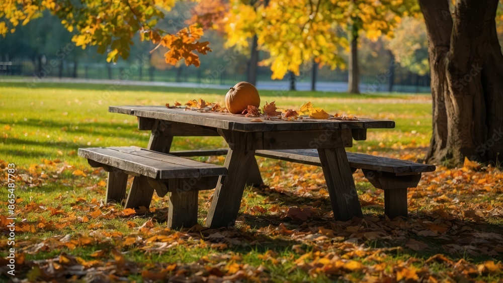 A rustic picnic table surrounded by vibrant fall foliage and a pumpkin centerpiece, creating a serene autumn atmosphere perfect for outdoor relaxation.