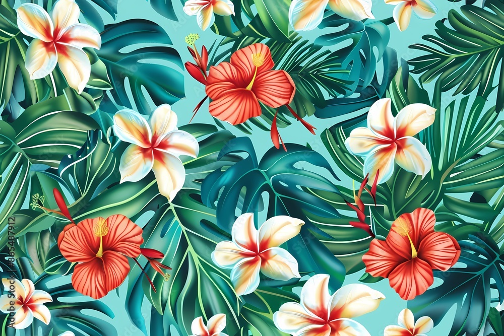 Tropical Floral Pattern with Vibrant Hibiscus and Plumeria Tropical Floral Pattern with Vibrant Hibiscus and Plumeria