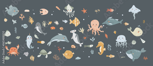 Cute childrens sea animals set. Marine underwater elements collection. Ocean inhabitants set of dolphin, whale and other cute characters. Wild aquatic creatures in childish plants seaweed.