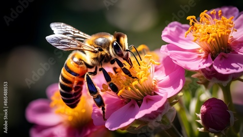 A bee collecting nectar from vibrant pink flowers, showcasing its detailed wings and body.