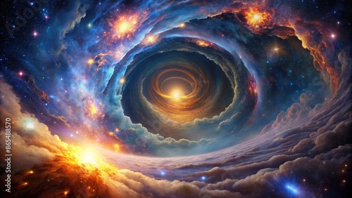 Vibrant celestial vortex unfurls amidst twinkling stars, a swirling circular tunnel beckons to unknown realms, surrounded by radiant nebulae and cosmic gas in a futuristic sky. photo