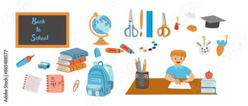 Childrens supplies cute elements of elementary school. Schoolbag, pendant, globe, pencils and books, notes for stickers, scrapbooking. Kindergarten flat elements for education. Back to school.