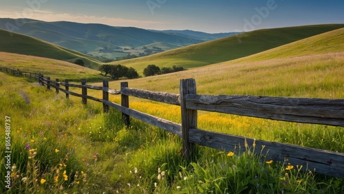 Scenic countryside with rolling hills, wooden fence, and blooming wildflowers. Ideal for nature, tranquility, and rural lifestyle concepts.