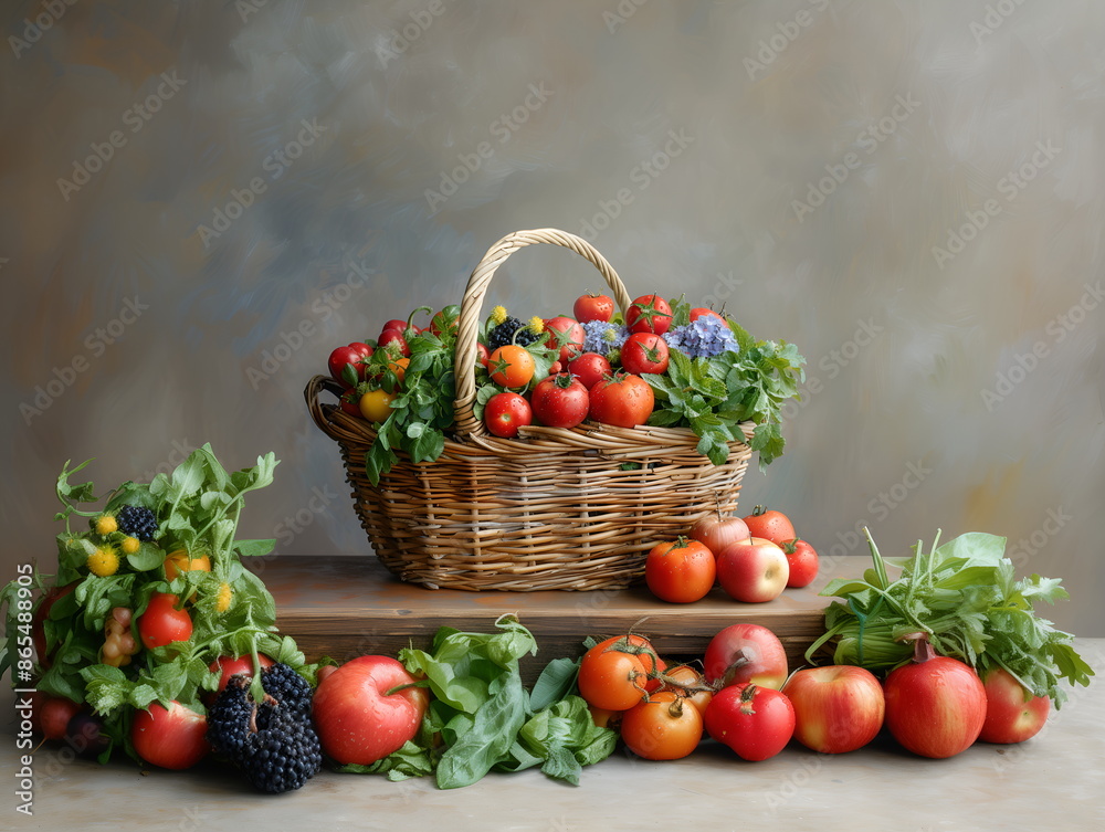 Basket full of vegetables and greens, fall harvest, healthy vegetarian food eating. AI generated layout banner Basket full of vegetables and greens, fall harvest, healthy vegetarian food eating. AI generated layout banner