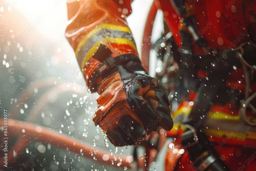Close-up of a firefighter's hands conducting a rescue drill, high detail, photorealistic, energetic action, bright environment Close-up of a firefighter's hands conducting a rescue drill, high detail, photorealistic, energetic action, bright environment