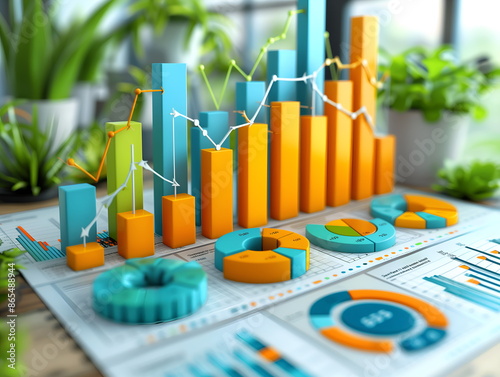 Abstract business pie and bar charts made from 3D colored parts. Business pie chart graphics. AI generated