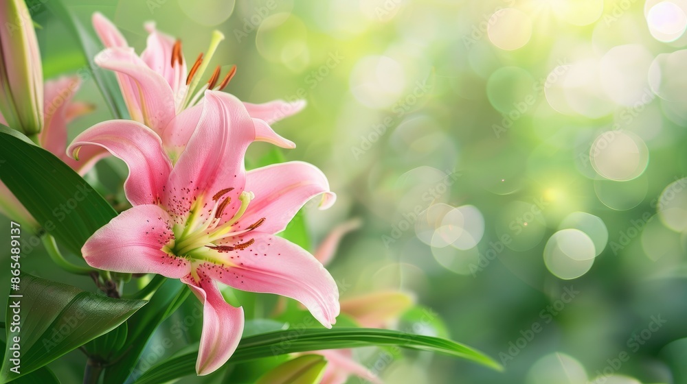 Fototapeta premium Close up of blurred nature background with pink lily