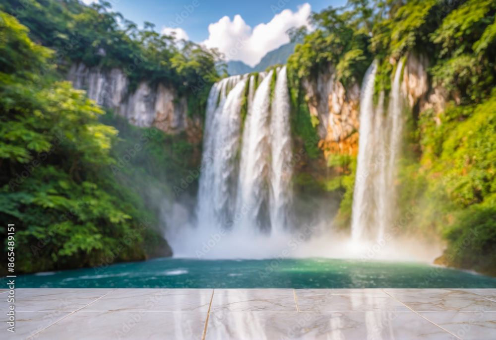 Fototapeta premium empty marble and waterfall mountain. ceramic floor and waterfall mountain nature background.