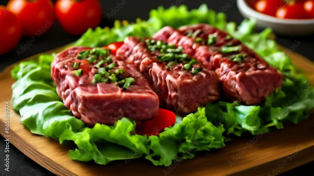 Deliciously prepared steak on a wooden board ready to be savored Deliciously prepared steak on a wooden board ready to be savored