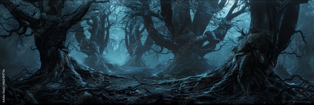 Dark scary forest, ancient trees with gnarled roots, ghostly figures ...