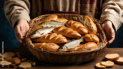 Jesus Holding a Basket with Fish and Bread - Biblical-Themed Artwork Symbolizing the Miracle of Feeding the Multitude, Perfect for Religious Stock Photos and Christian-Themed Art Projects