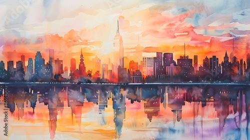 A cityscape at sunset, with vibrant colors reflecting in the water, creating a stunning and serene view. © SS1980