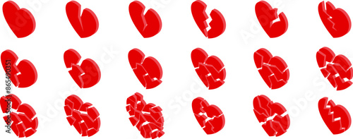 Cracked heart icons set. Collection of red isometric broken hearts symbolizing a range of emotions from slight disappointment to complete devastation