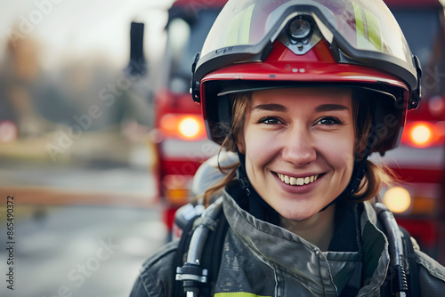 A smiling female firefighter in full gear stands before a fire truck