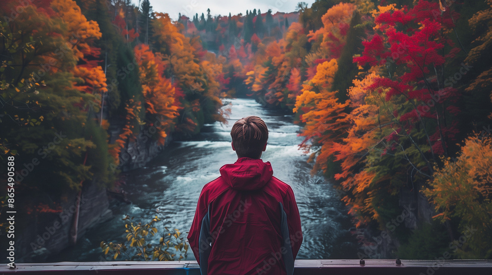 Man in Red Jacket Gazing at Vibrant Autumn Forest River View Man in Red Jacket Gazing at Vibrant Autumn Forest River View