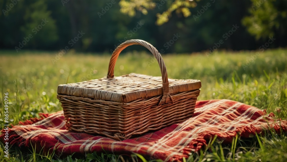 A wicker picnic basket sits atop a red plaid blanket on lush grass in a sunlit field. Ideal for summer outings or romantic countryside getaways. A wicker picnic basket sits atop a red plaid blanket on lush grass in a sunlit field. Ideal for summer outings or romantic countryside getaways.