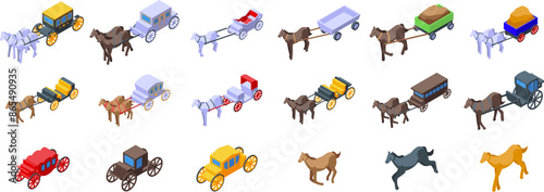 Horse vehicles icons set. Horses are pulling carriages, carts, and wagons in this set of isometric icons about historical transportation