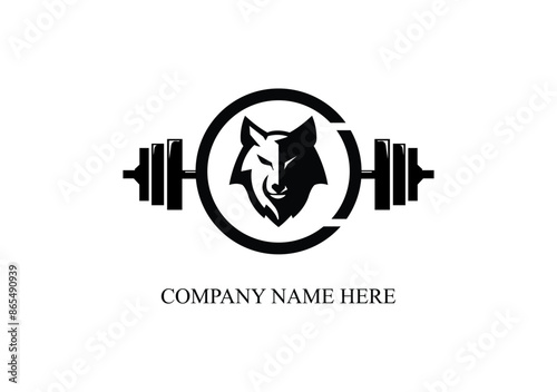 Wolf face with barbell or dumbbell vector logo template