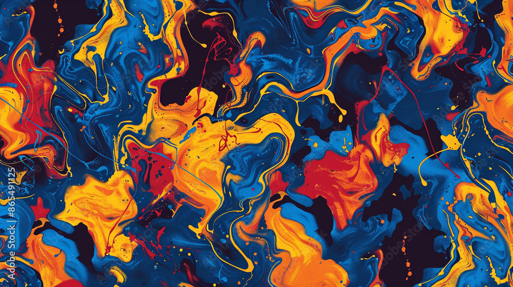 Deep blue, orange-red, & yellow-orange Fauvism Seamless Pattern 
