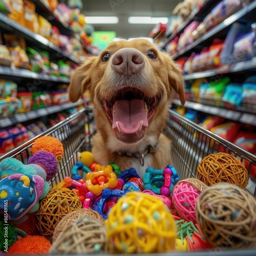 A joyful dog in a shopping cart filled with pet toys and treats, vibrant pet store, wideangle shot photo