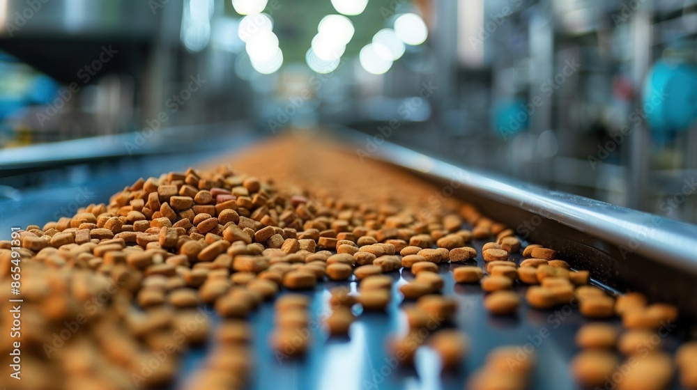 Fototapeta premium The assembly line in a pet food factory with kibble being packed, vibrant colors, bright lighting