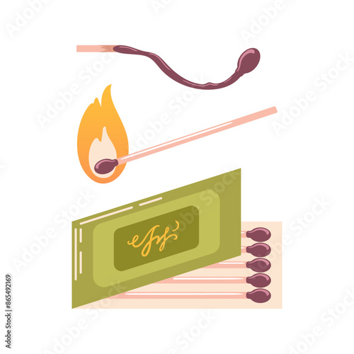 Matches. Set of vector illustrations burning match with fire, open matchbox, burnt match isolated on white. A simple symbol of combustion, burning and withering