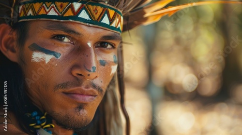 close-up portrait of an indigenous Amazonian with a painted face looking at the camera photo