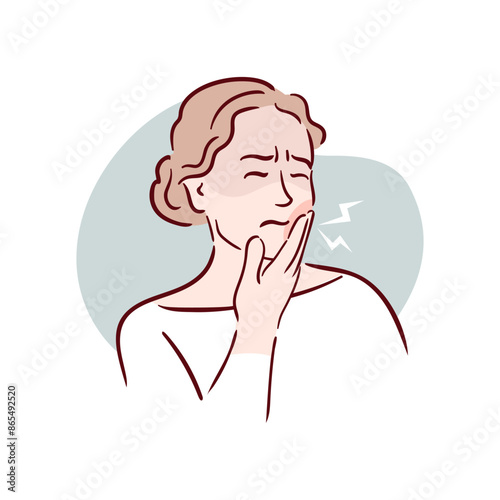 Young woman having painful toothache. A girl with bad teeth clutches her cheek. Acute pain. Pulpitis, caries. Hand drawn vector illustration in sketch style.